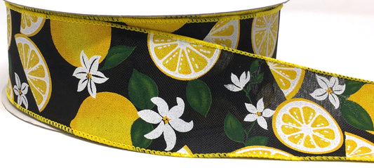 50 Yards - 2.5” Wired Black Lemon Flower Ribbon