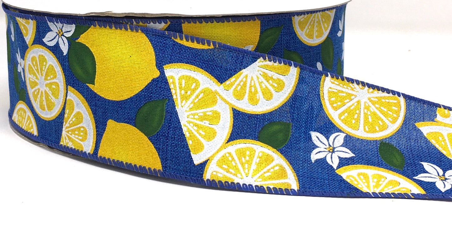 50 Yards - 2.5” Wired Royal Blue Lemon Flower Ribbon