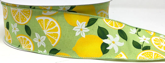 50 Yards - 2.5” Wired Lime Green Lemon Flower Ribbon