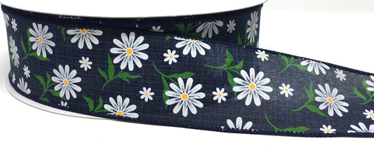 50 Yards - 2.5” Wired Navy Background Daisy Ribbon