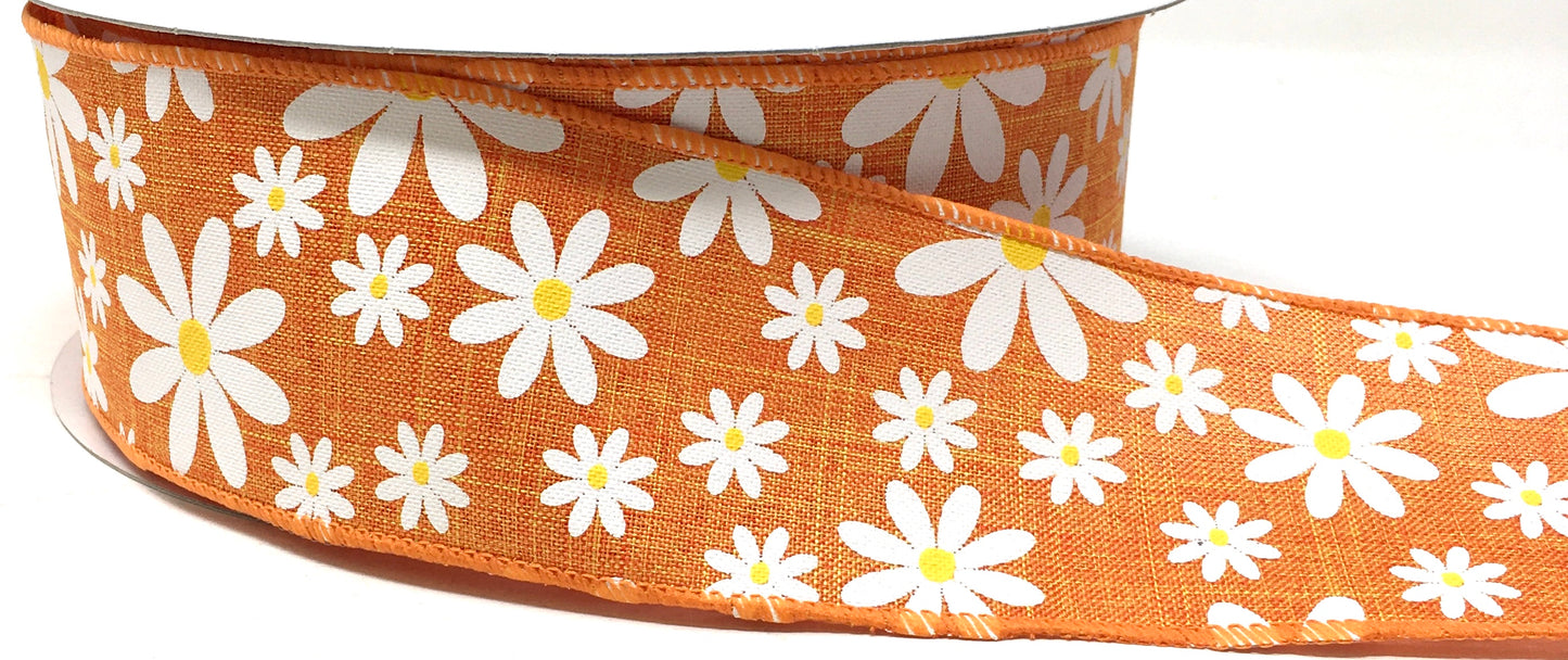 50 Yards - 2.5” Wired Orange Daisy Ribbon