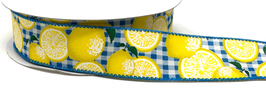 50 Yards - 1.5” Wired Blue and White Check Lemon Ribbon