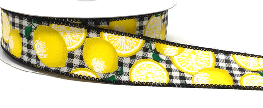 50 Yards - 1.5” Wired Black and White Check Lemon Ribbon