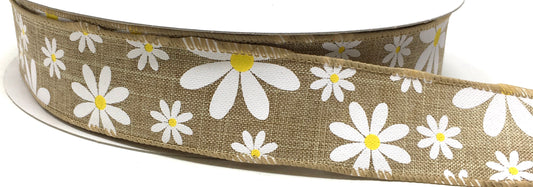 50 Yards - 1.5” Wired Natural Daisy Ribbon