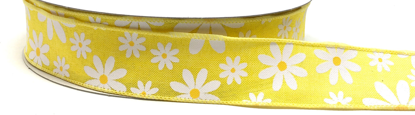 50 Yards - 1.5” Wired Yellow Daisy Ribbon