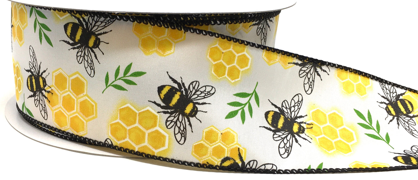 50 Yards - 2.5” Wired Bumblebee with Honeycomb Satin Ribbon