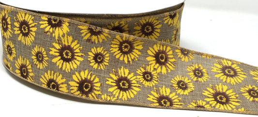 50 Yards - 2.5” Wired Natural Background Sunflower Ribbon