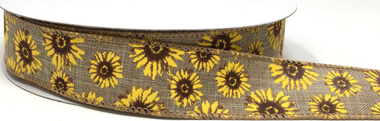 50 Yards - 1.5” Wired Natural Background Sunflower Ribbon