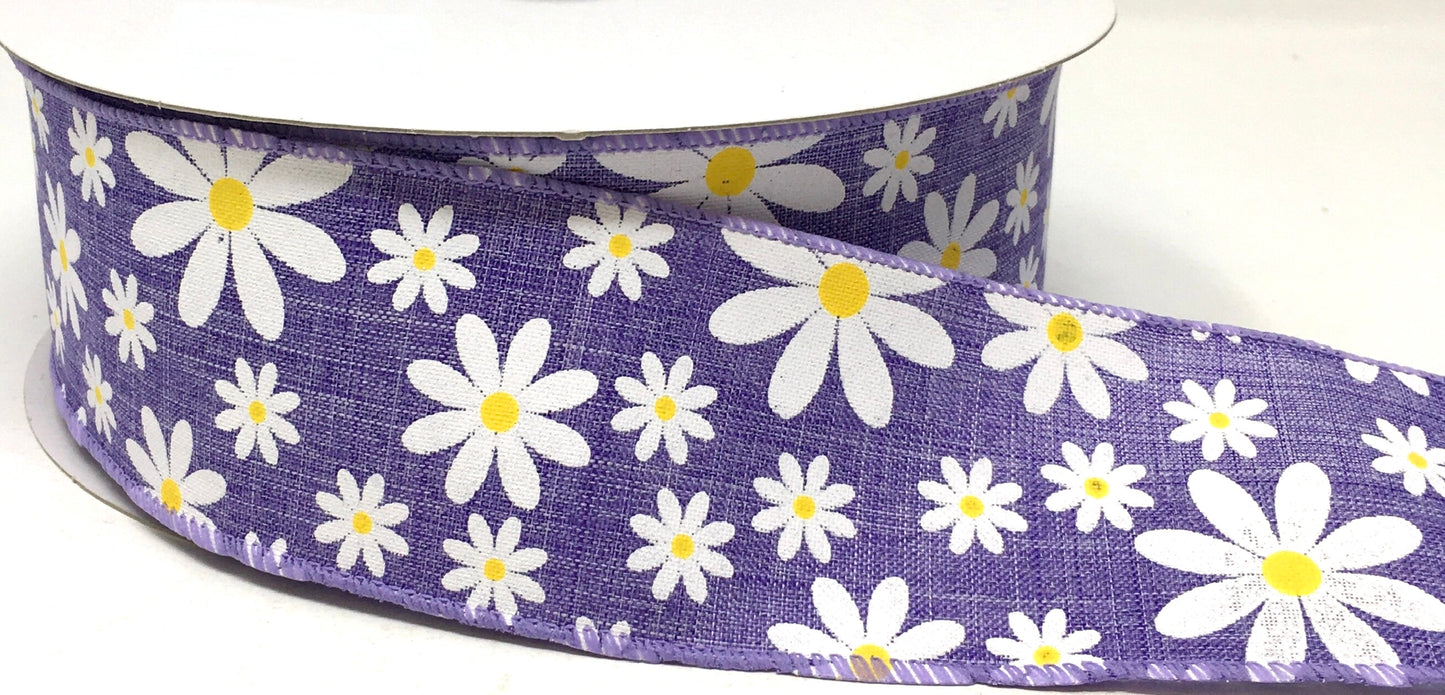 50 Yards - 2.5” Wired Lavender Background Daisy Ribbon