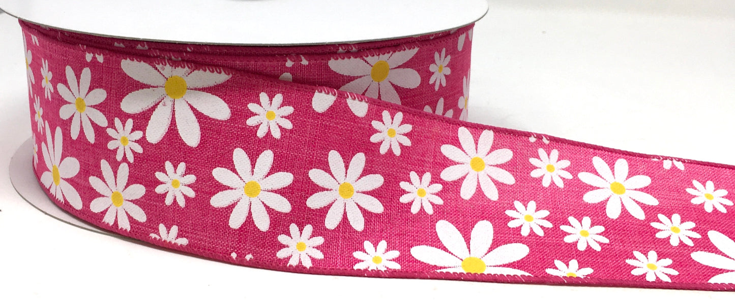 50 Yards - 2.5” Wired Fuschia Background Daisy Ribbon