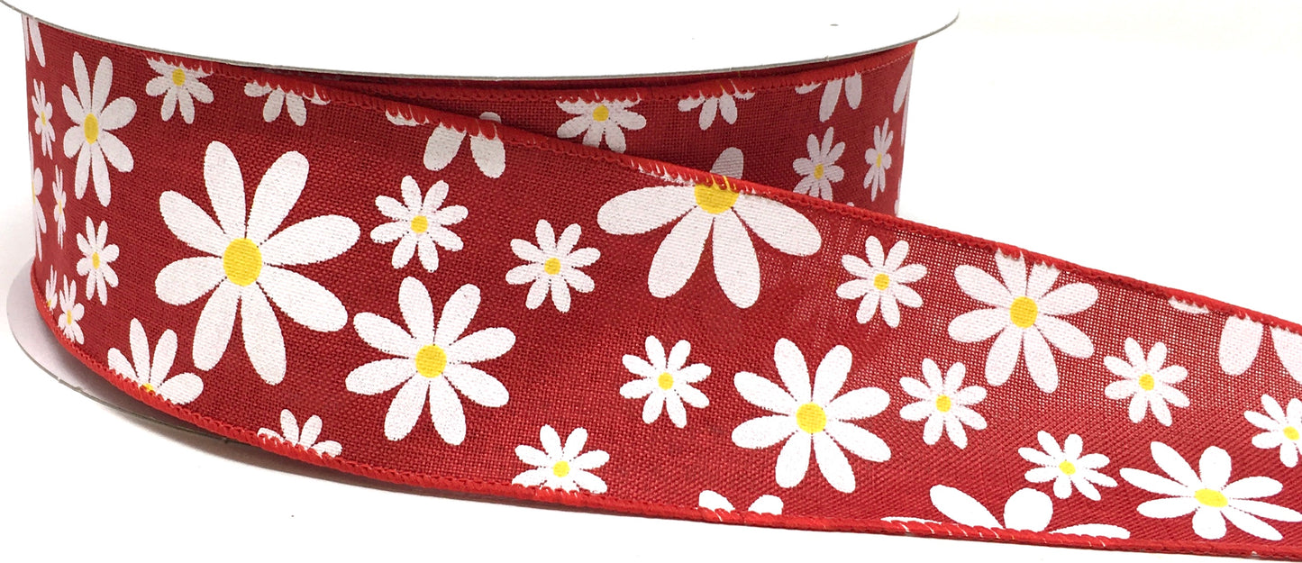 50 Yards - 2.5” Wired Red Background Daisy Ribbon