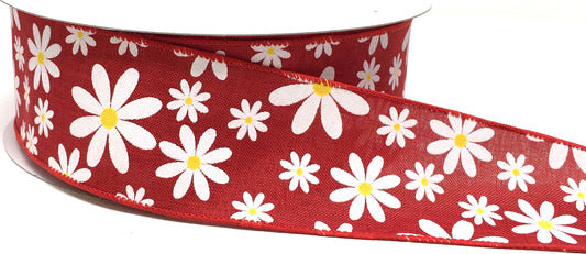 50 Yards - 2.5” Wired Red Background Daisy Ribbon