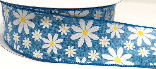 50 Yards - 2.5” Wired Blue Background Daisy Ribbon