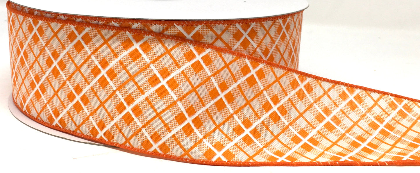 50 Yards - 2.5” Wired Orange Cross Plaid Ribbon