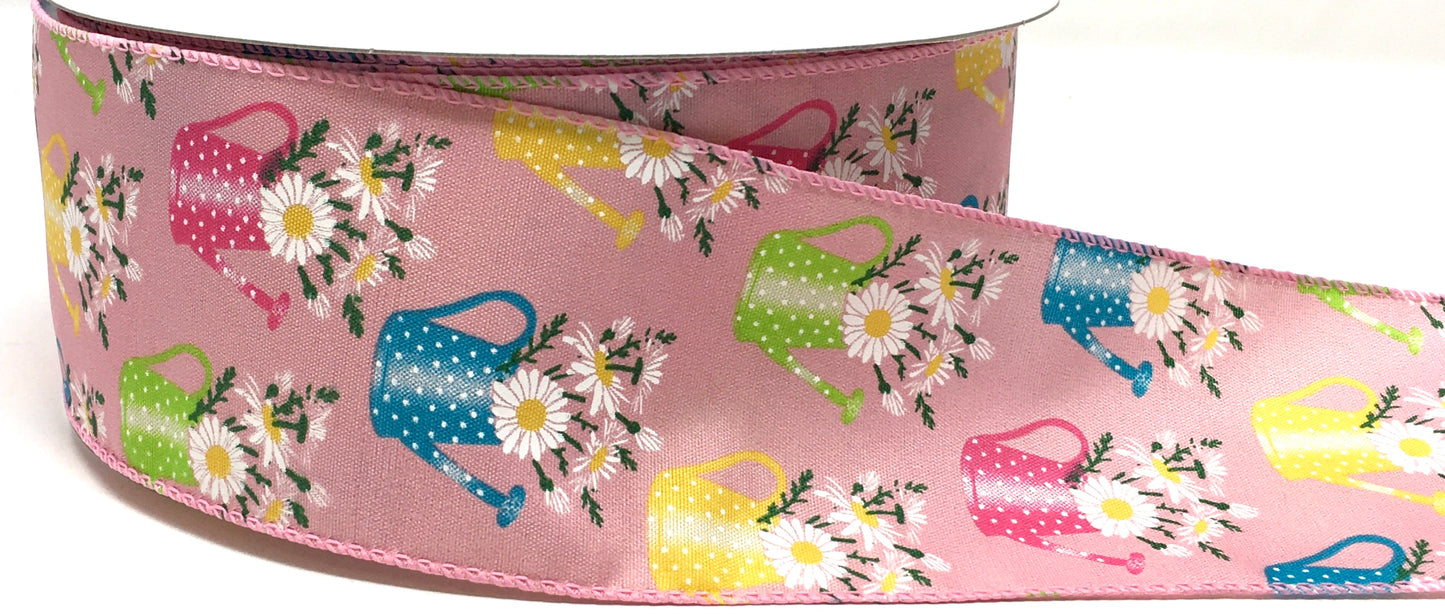 50 Yards - 2.5” Wired Pink Background Daisy Watering Can Ribbon