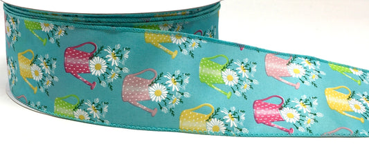 50 Yards - 2.5” Wired Blue Background Daisy Watering Can Ribbon