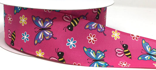 50 Yards - 2.5” Wired Pink Background Butterfly and Bee Ribbon