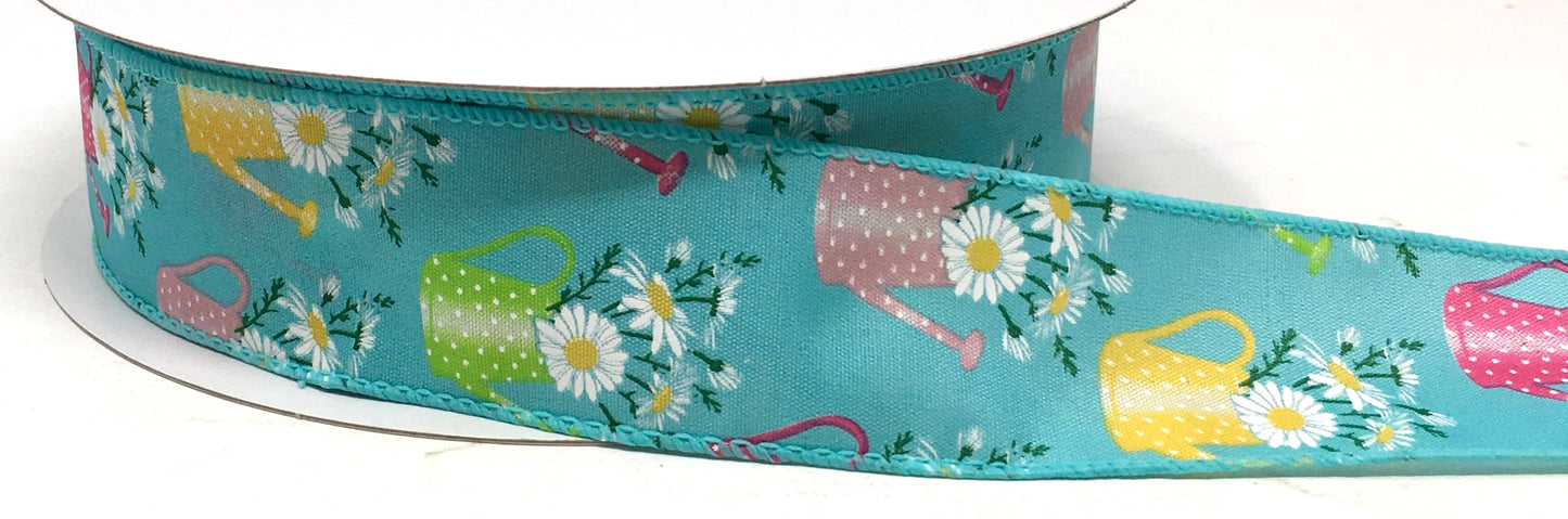 50 Yards - 1.5” Wired Blue Background Daisy Watering Can Ribbon