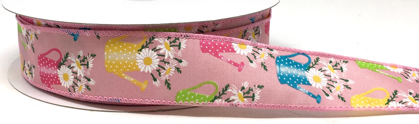 50 Yards - 1.5” Wired Pink Background Daisy Watering Can Ribbon