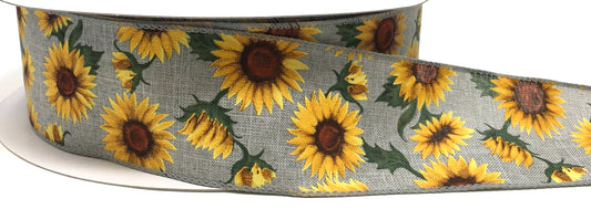 50 Yards - 2.5” Wired Gray Background Sunflower Ribbon