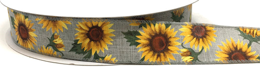 50 Yards - 1.5” Wired Gray Background Sunflower Ribbon