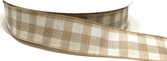 50 Yards - 1.5” Wired Natural and Cream Check Ribbon