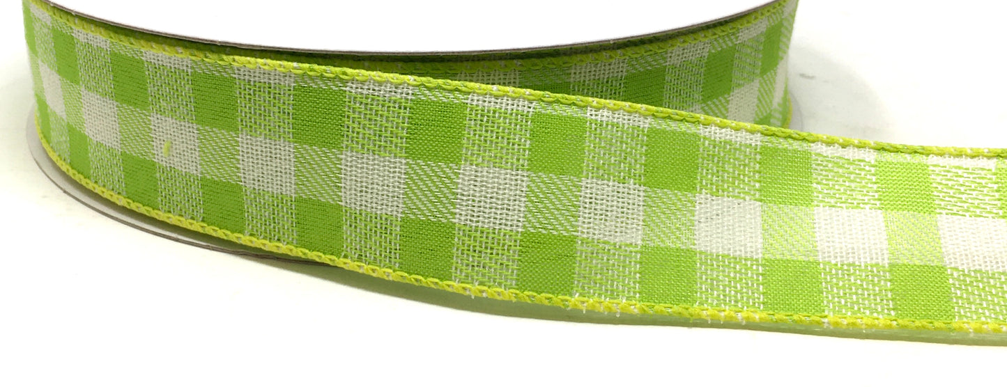 50 Yards - 1.5” Wired Lime Green and Cream Check Ribbon