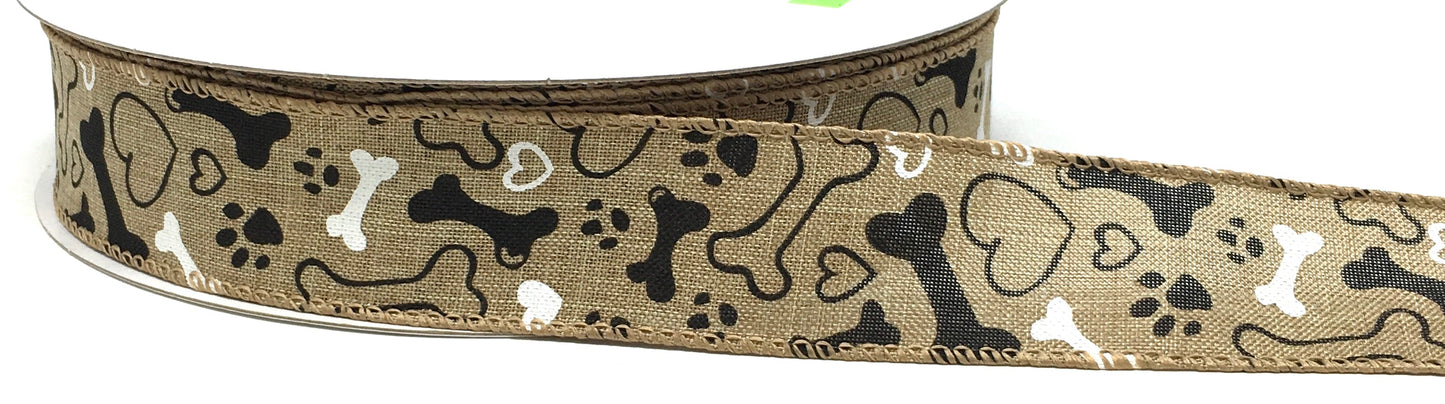 50 Yards - 1.5” Wired Natural Background Dog Bone and Paw Print Ribbon