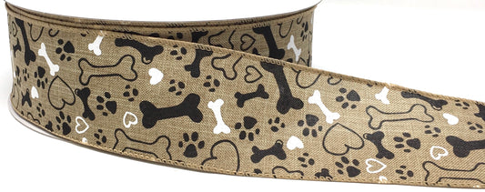 50 Yards - 2.5” Wired Natural Background Dog Bone and Paw Print Ribbon