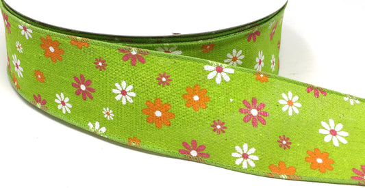 50 Yards - 2.5” Wired Lime Green Floral Ribbon