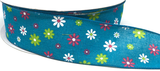 50 Yards - 2.5” Wired Blue Background Floral Ribbon