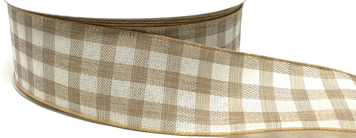 50 Yards - 2.5” Wired Natural and Cream Check Ribbon