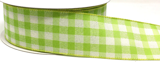 50 Yards - 2.5” Wired Lime Green and Cream Check Ribbon