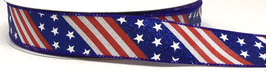 50 Yards - 1.5” Wired Red, White, and Blue American Flag Ribbon with Blue Glitter