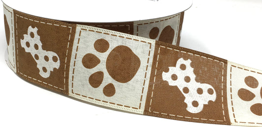 50 Yards - 2.5” Wired Brown and Cream Dog Bone and Paw Print Block Ribbon