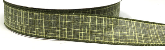 50 Yards - 1.5” Wired Olive Green Check Ribbon