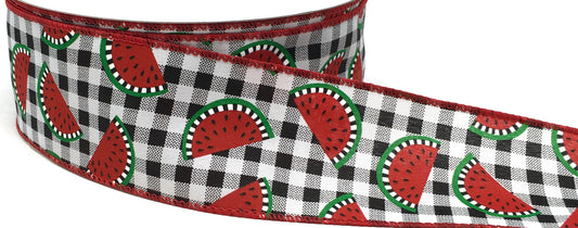 50 Yards - 2.5” Wired Black and White Check Watermelon Ribbon