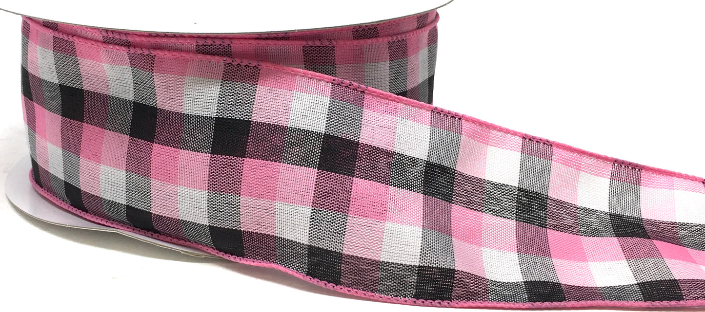 50 Yards - 2.5” Wired Pink, Black, and White Check Ribbon