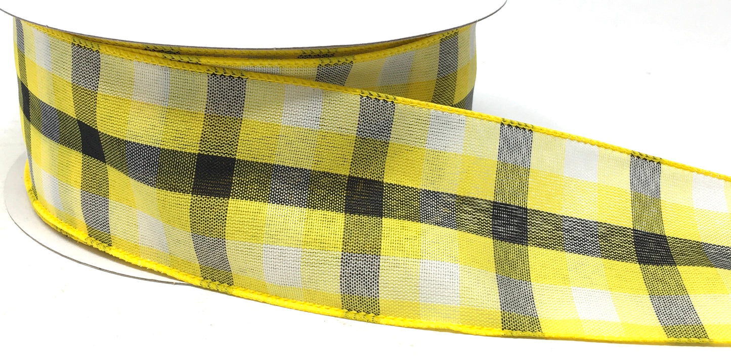 50 Yards - 2.5” Wired Yellow, Black, and White Check Ribbon