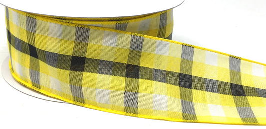 50 Yards - 2.5” Wired Yellow, Black, and White Check Ribbon