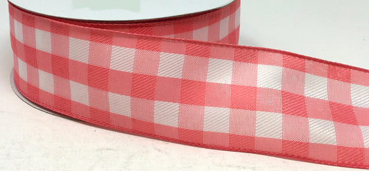 50 Yards - 2.5” Wired Coral and White Check Ribbon