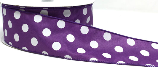 10 Yards - 2.5” Wired Purple and White Polka Dot Satin Ribbon