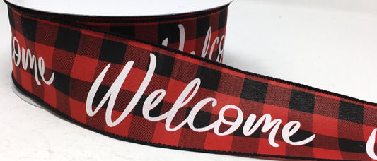 50 Yards - 2.5” Wired Red and Black Check Welcome Ribbon