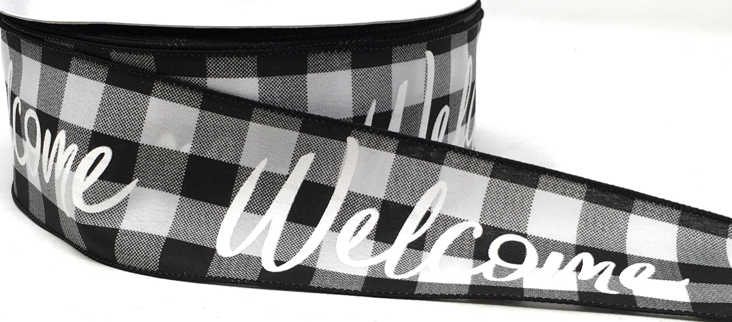 Welcome Mam Ribun 50 Yards - 2.5” Wired Black and White Check Welcome Ribbon ...