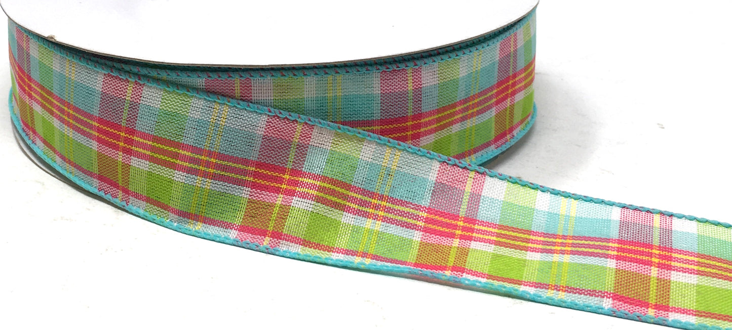 10 Yards - 1.5” Wired Blue, Yellow, Blue, Green and White Summer Check Ribbon