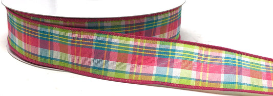 10 Yards - 1.5” Wired Pink, Green, Blue, Yellow, and White Summer Check Ribbon