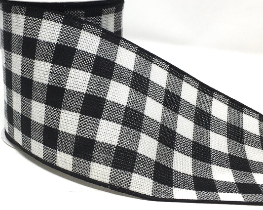 10 Yards - 4” Wired Black and White Check Ribbon