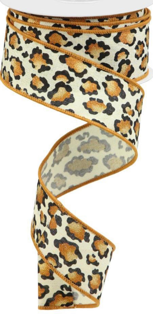 10 Yards - 1.5” Wired Cheetah Print Ribbon with Metallic Orange Accent