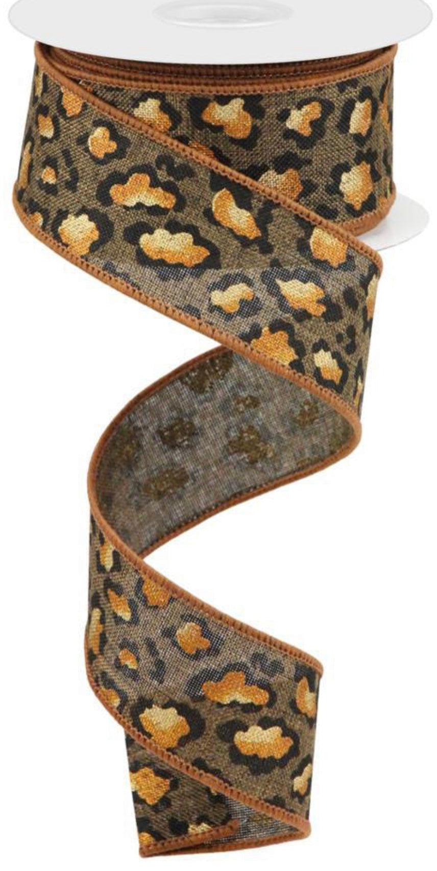 10 Yards - 1.5” Wired Dark Natural Cheetah Print Ribbon with Metallic ...