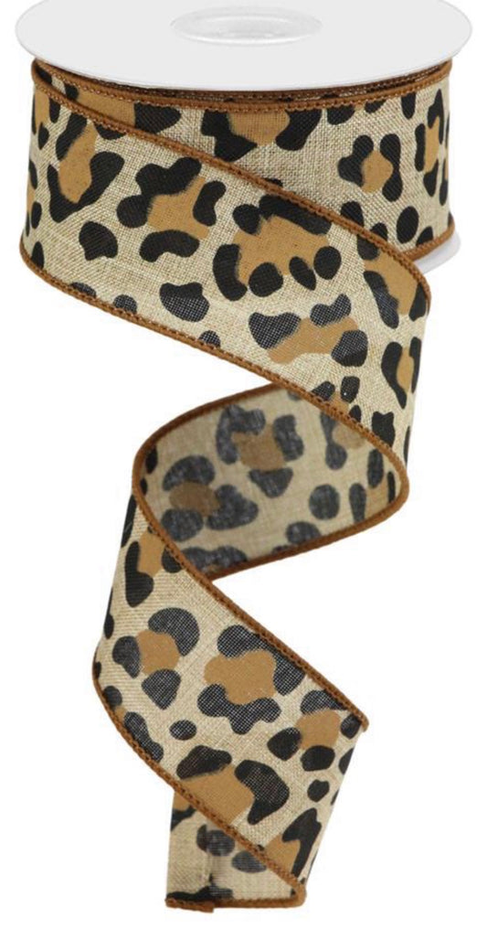 10 Yards - 1.5” Wired Cheetah Print Ribbon on Natural Background